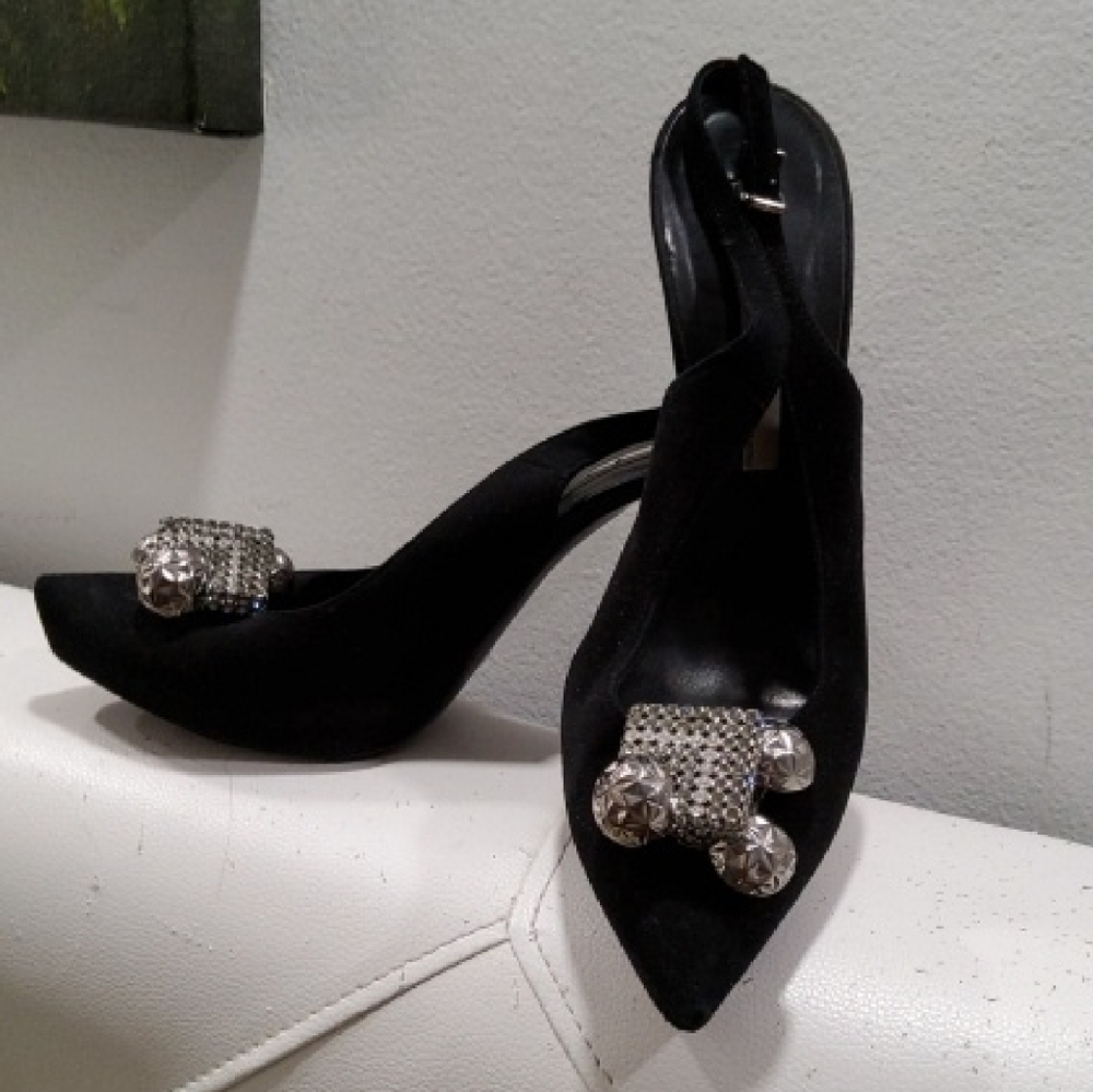 SHY made Italy Black Suede High Heels Rhinestone Accents Slingback Size 39/8